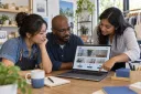 A small-business team reviews its website as the first point of contact for customers.