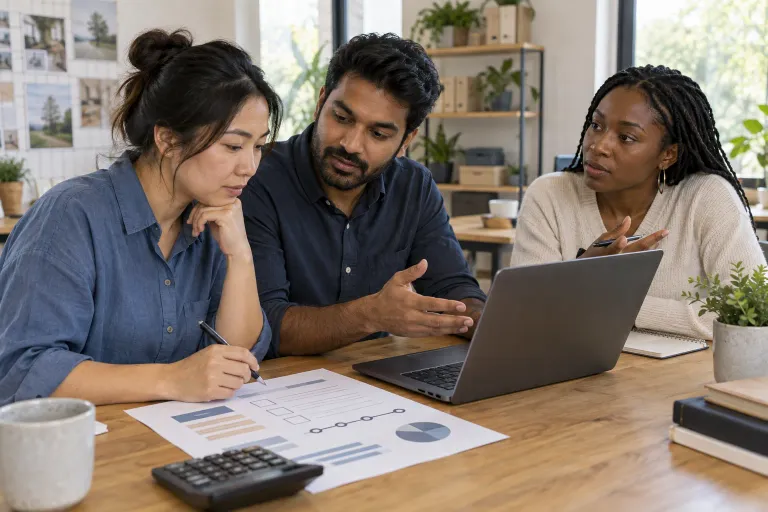 A business owner and colleagues review a website budget and ongoing work plan.