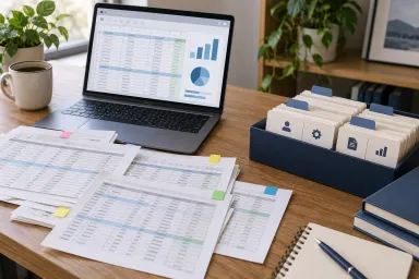 Multiple spreadsheet versions beside a laptop and an organized box of shared record cards.
