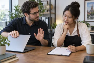 A web consultant pauses a domain change while the owner reviews an uncertain detail.