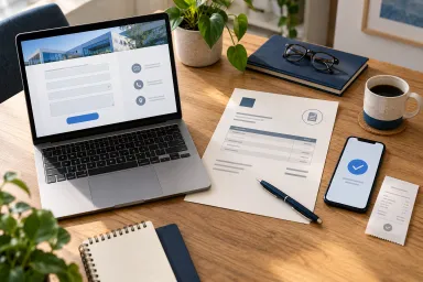 An inquiry form, quotation, phone payment confirmation and receipt on a desk.